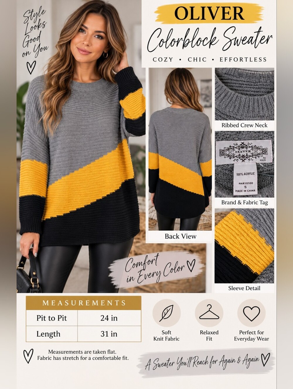 Olivers Gray, Yellow & Black Colorblock Crew Sweater